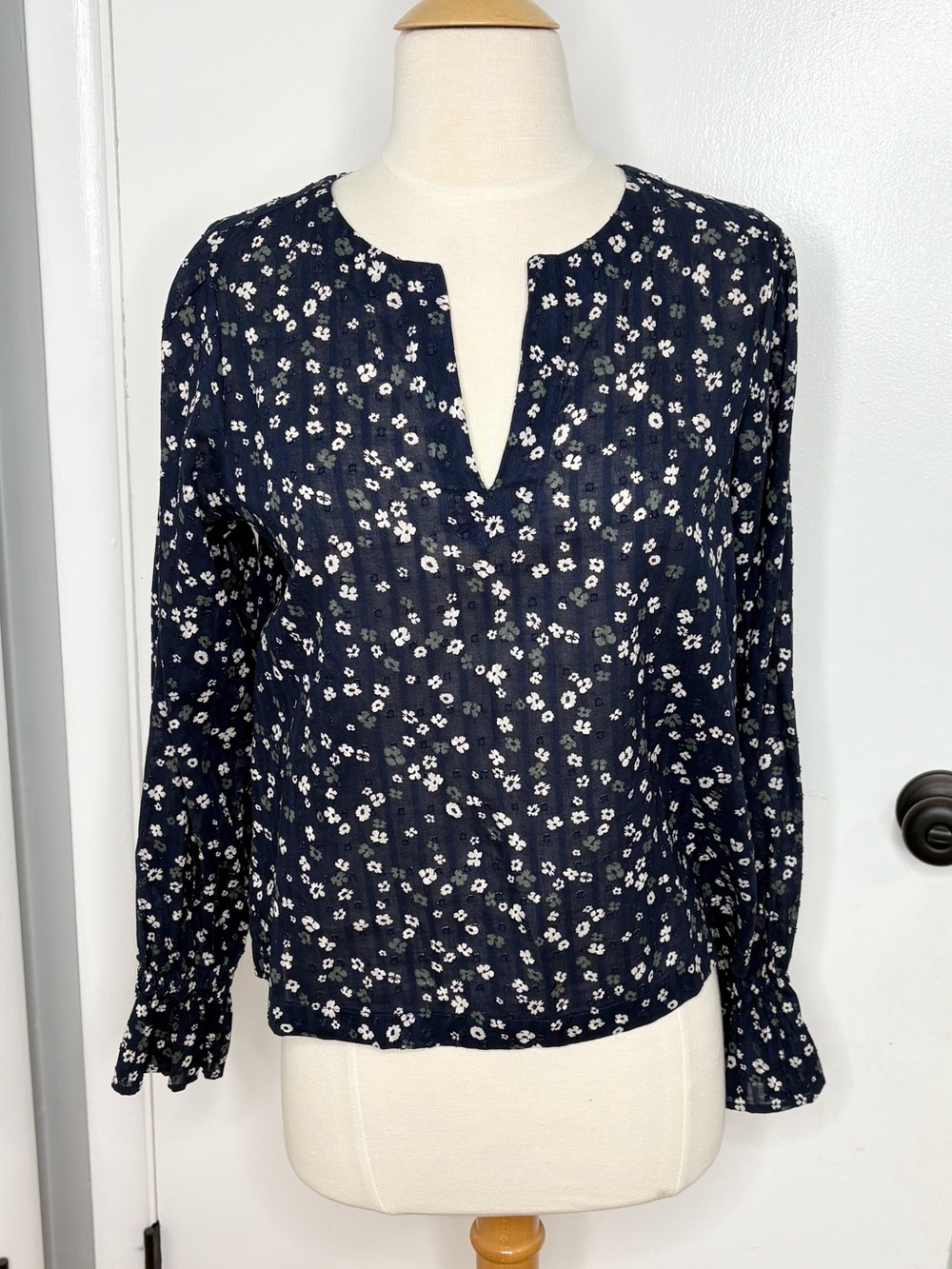 Loft Blouse Navy Floral Print Long Sleeve Top X-Small xs